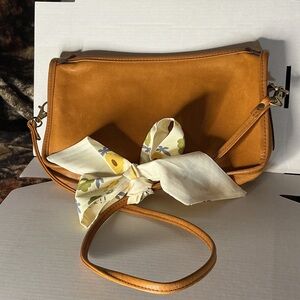 Cognac Crossbody Bag Minimalist Brown Shoulder Bag With Scarf Accent